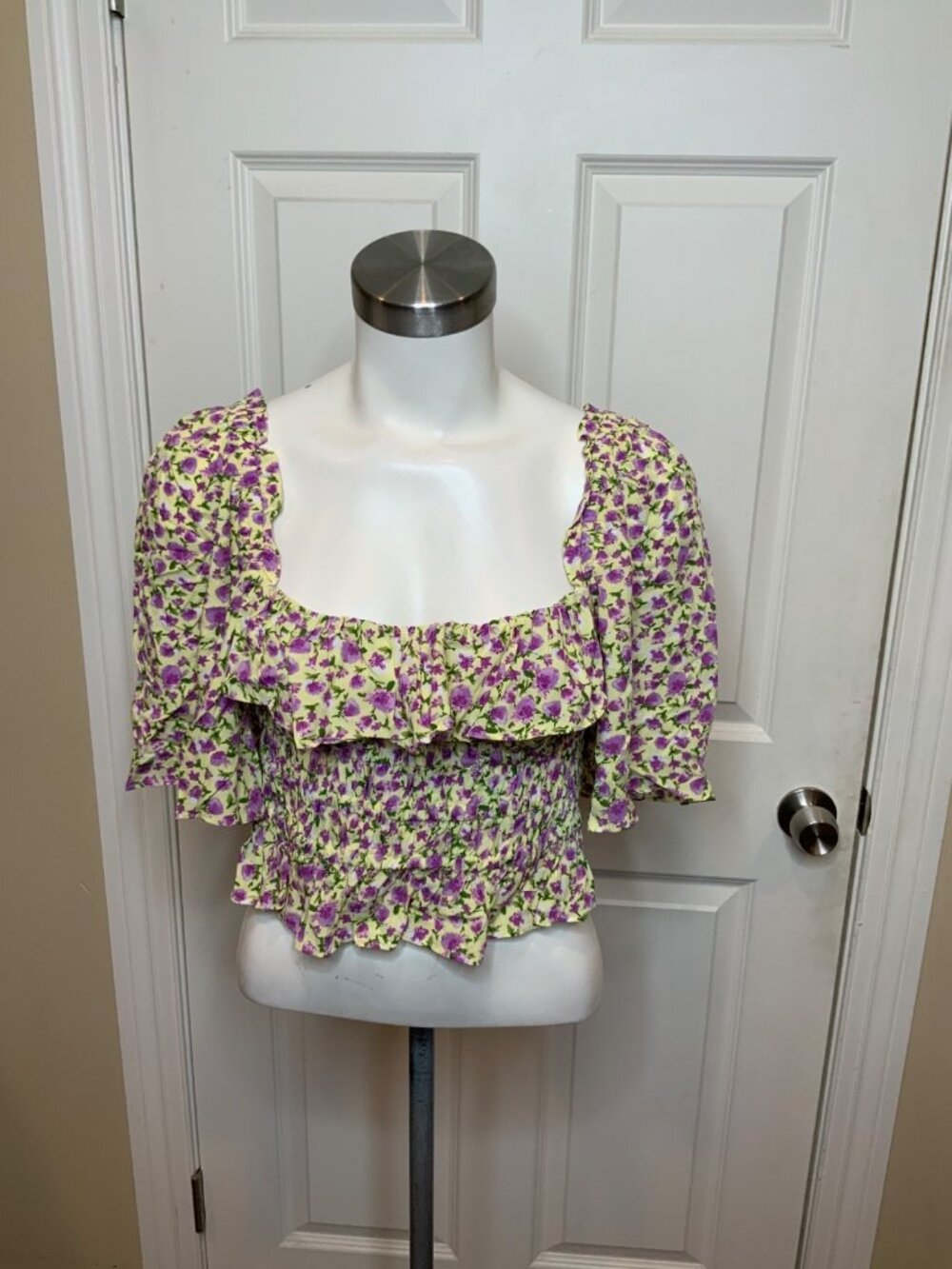 Zara Yellow Floral Shirred Ruffle Crop Top, Size S
